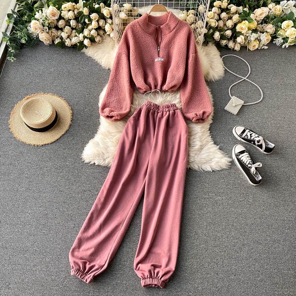 

singreiny women autumn winter korean casual suits zipper o neck puff sleeve short +high waist long pants two pieces set 210419, White