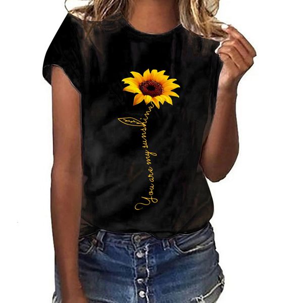 

female plus size short sleeved t-shirt fashion women's sunflower print summer women clothes, White