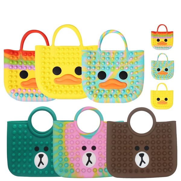 

new sensory fidget toy silicone push bubble handbag storage bag duck and little bear decompression toy