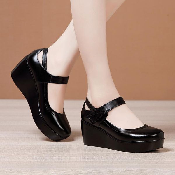 

dress shoes toacek 2021 spring fashion round toe wedge pumps women mary jane thick bottom leather platform size 43, Black