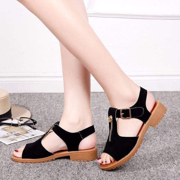

sandals fashion female sandalias mujer 2021 nubuck leather flat women shoes casual summer gladiator woman, Black