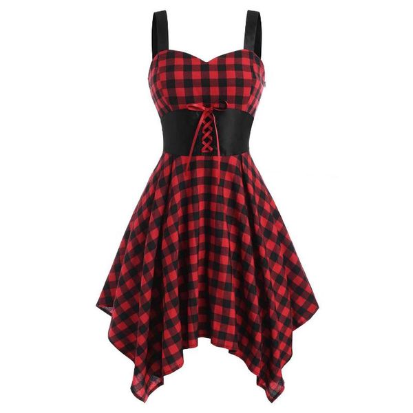 

casual dresses goth red black plaid vintage dress women lace up patchwork sling a line party gothic ladies elegant retro, Black;gray