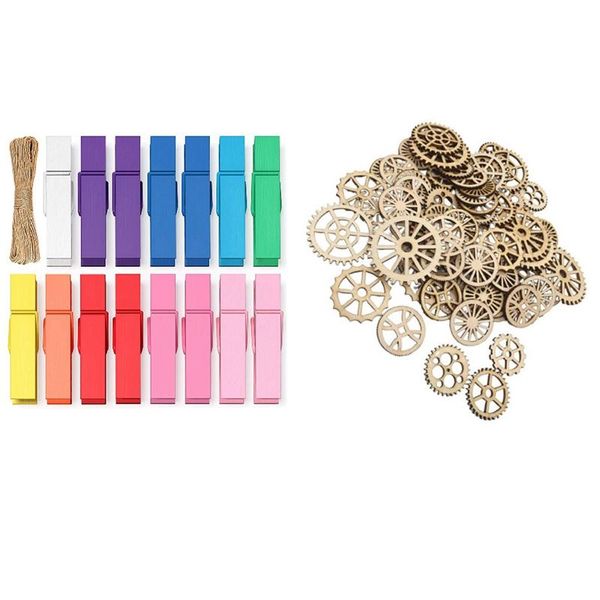 

decorative objects & figurines 100pcs mini color printed wood craft clip baby clothes line & wooden gear wheels decoration slices