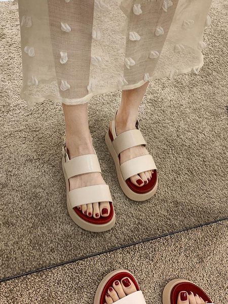 

women's shoes sandals 2021 fashion thick-soled beach mid-heel contrast casual heels women, Black