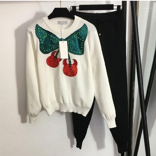 

women's two piece pants 2021 deluxe design sports suit bow tie nail drill embroidery round neck sweater + elastic waist leggings casual, White