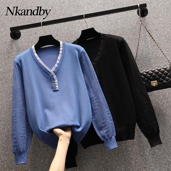 

plus size t-shirt nkandby knitted sweaters women 2021 fall v-neck lace trim pullovers hollow out chic jumpers large knitwear female