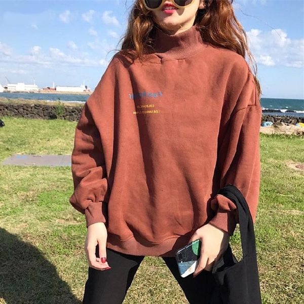 

hoodies hoodies women turtleneck loose simple all-match korean style warm soft sweatshirts womens pullovers kawaii chi, Black