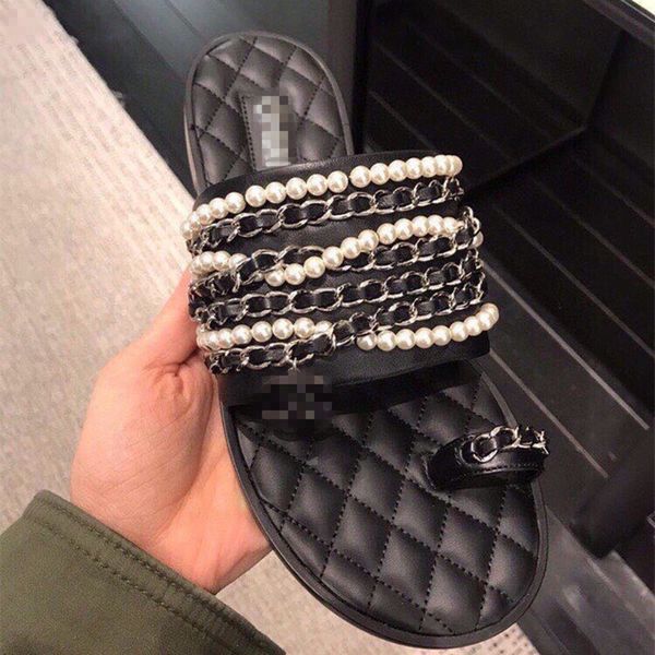 

2021 designer fashion luxury design women's slippers sandals pearl chain jewelry exquisite process, looking forward to your choice, Black