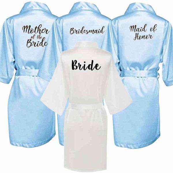 blaue Brautjungfer mit weißen schwarzen Buchstaben, Mutter, Schwester der Braut, Hochzeitsgeschenk, Bade-Kimono, Satin-Robe
