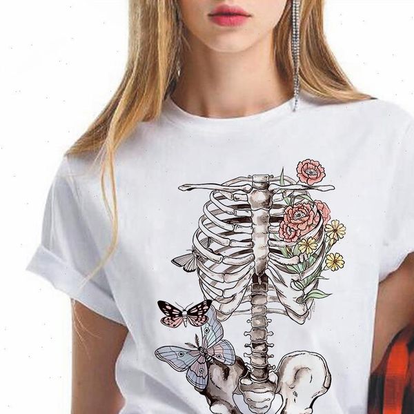 

skeleton women t shirts flowers shirt hip hop 90s gothic female clothing femme streetwear kawaii, White