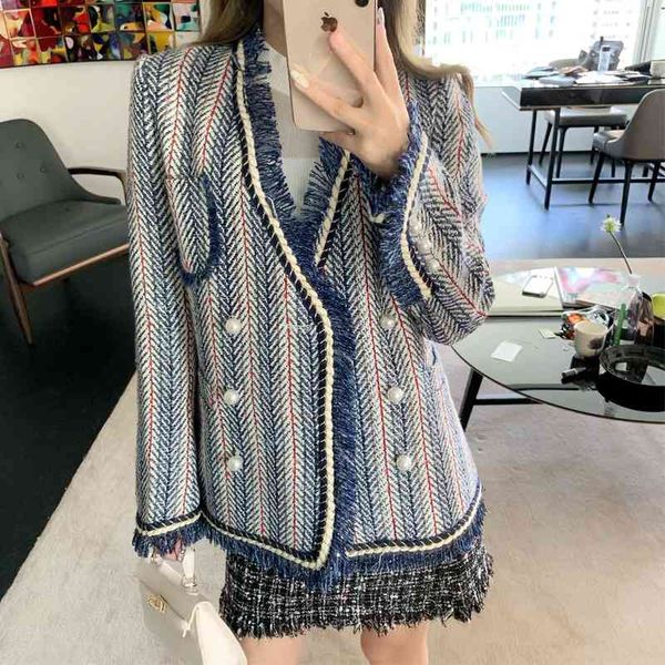 

autumn and winter 2019 new tweed tassel edge pearl buckle unique small fragrance versatile temperament coat women's fashion, Black