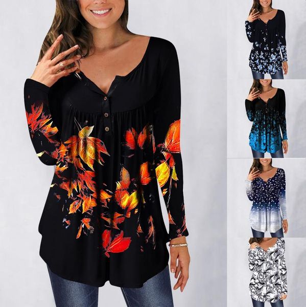 

women's blouses & shirts over size floral printed tunic v-neck buttons long sleeve loose blouse camisas de mujer, White