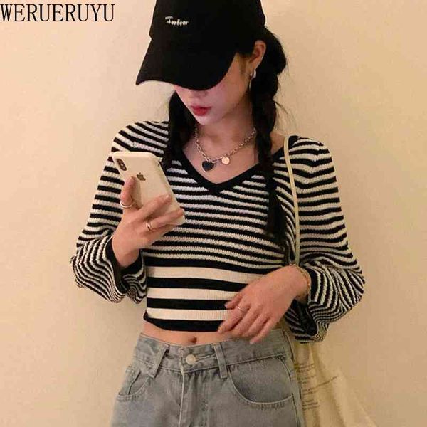 

werueruyu knit sweater women korean chic vintage v-neck thin slim-fitting knitted shirt autumn 210608, White;black