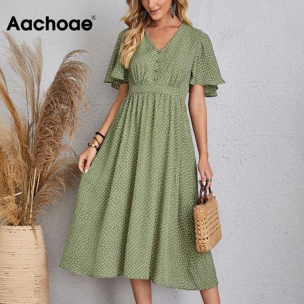 

casual dresses aachoae summer women polka dot printed midi dress green color v neck butterfly sleeve female chic a line, Black;gray