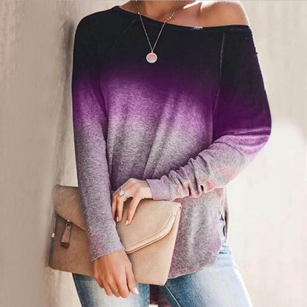 

spring summer long sleeve women t shirt gradient color trend fashion size s 3xl and 5 colors young lady streetwear, White