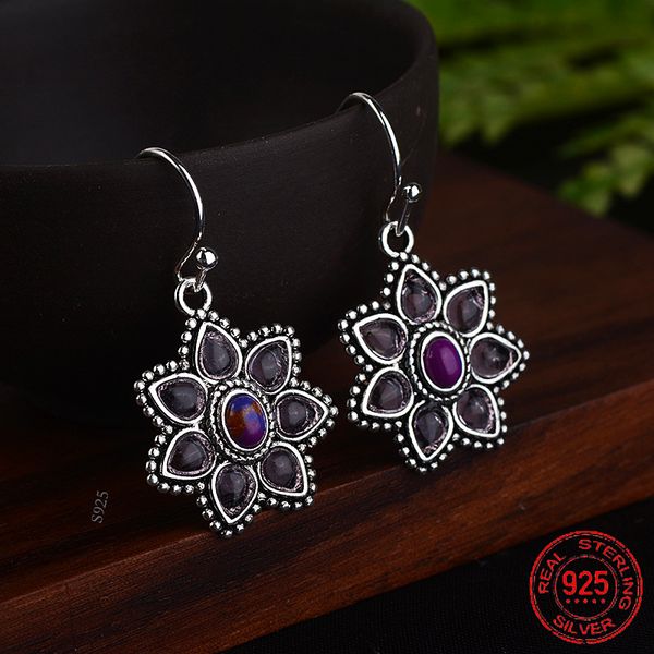 

luxury retro purple color petal charm earring 925 sterling silver earings for women anniversary gift jewelry wholesale ze461, Golden;silver