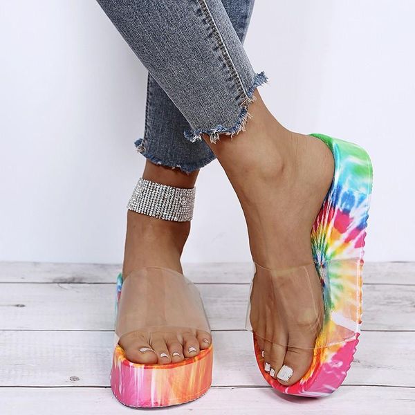 

see you big print thick bottomed sandals women's candy color transparent word drag women slippers1, Black