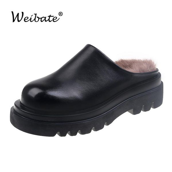 

slippers women fur 2021 winter closed toe leather shoes loafers flat platform plush sandals black high heels mules