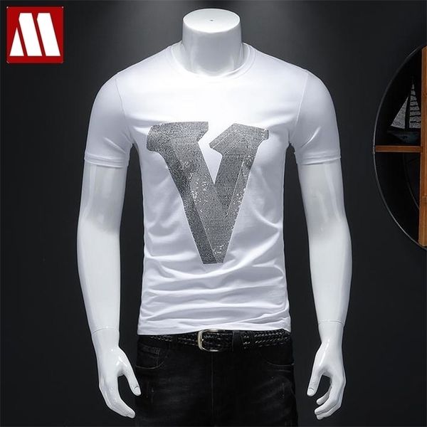 

new men's shinning v drilling t-shirt male cotton short sleeve rhinestone eagle t shirt tee fashion 3d crane tshirt 210409, White;black