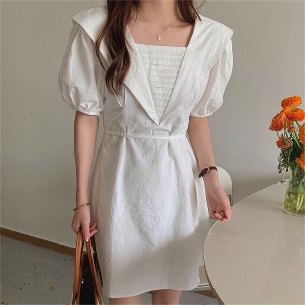 

casual dresses french navy style puff sleeves chic gentle girls 2021 sweet slim all match a-line mini vestidos gdsl, Black;gray