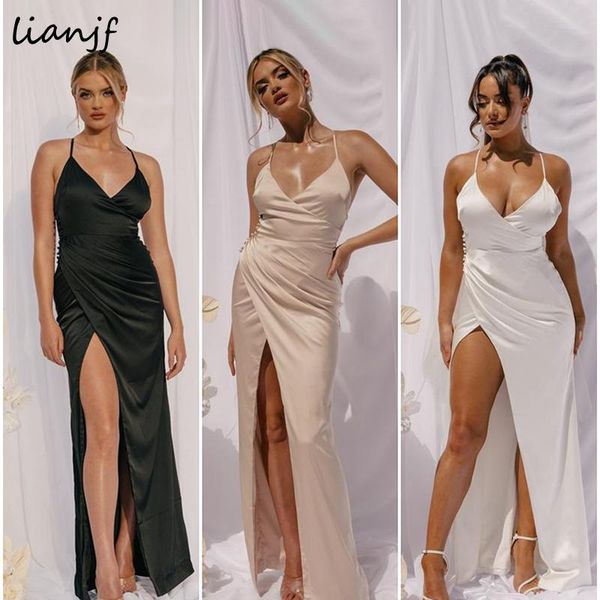 

summer satin backless dresses for women 2021 elegant spaghetti strap hight split night club maxi party dress ruched woman casual, Black;gray