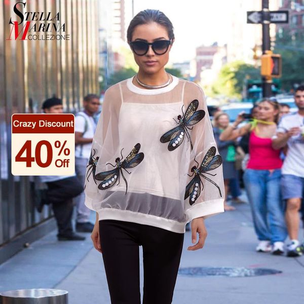 

unique style woman summer black white sheer mesh tee dragonflies organza t-shirt transparent tshirt oversized t shirts 3394