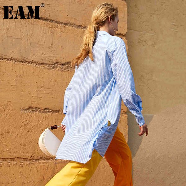 

[eam] women blue striped big size long blouse lapel long sleeve loose fit shirt fashion spring autumn 1dd8062 210512, White