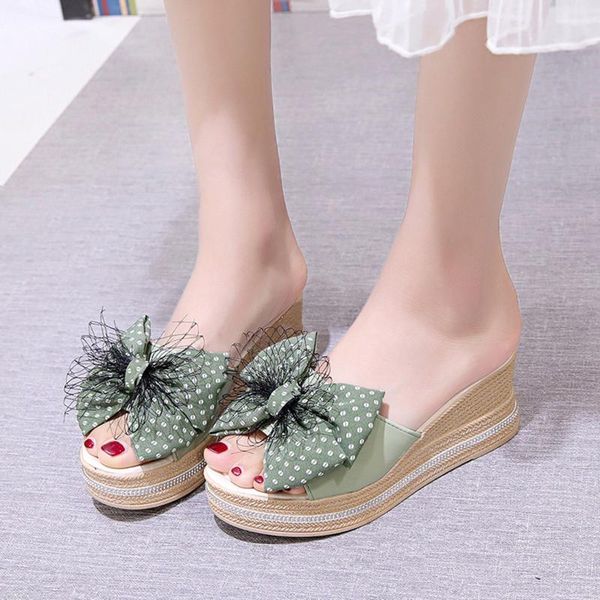 

slippers summer fashion wedges flip-flops bow-knot beach shoes exterior wear female outdoor party 2021, Black