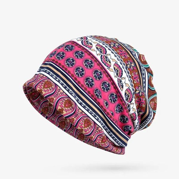 

women cotton ethnic geometric printing beanie cap scarf - blue, Blue;gray