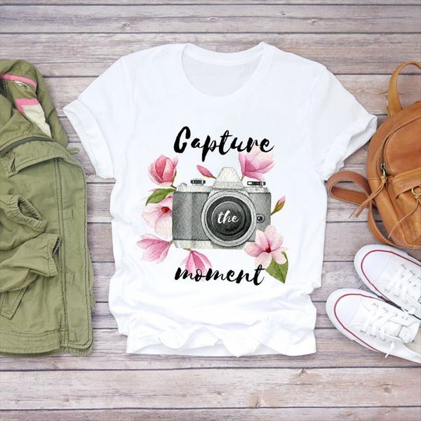 

camera cute flower print womens fashion summer graphic female tee, White