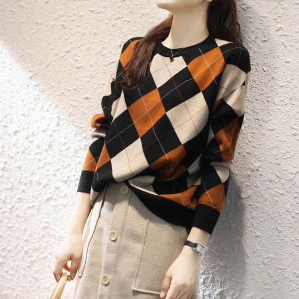 

women's sweaters 100% cotton pullover women argyle knitting sweater o-neck all matched briitsh style, White;black