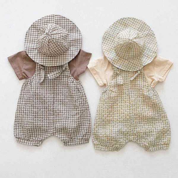 

korean style summer infant baby boys girls clothes set cotton t-shirt+lattice jumpsuit+hat newborn baby girls clothing suit g0119, White