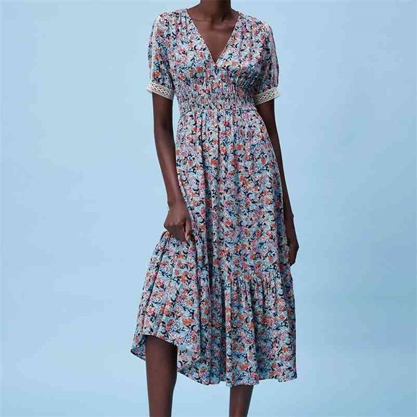 

women print dress summer v-neck floral short sleeve a-line printed midi long fashion female 210524, Black;gray
