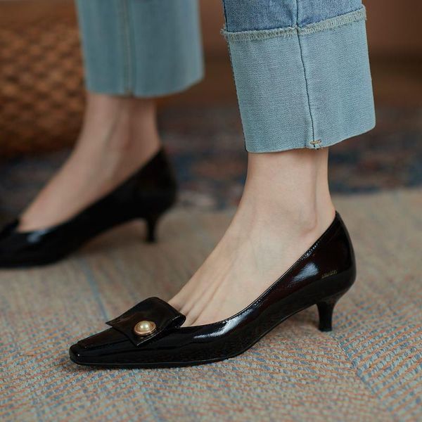 

fashion brand high heels parfty women shoes genuine leather thick heel tacones mujer dress, Black