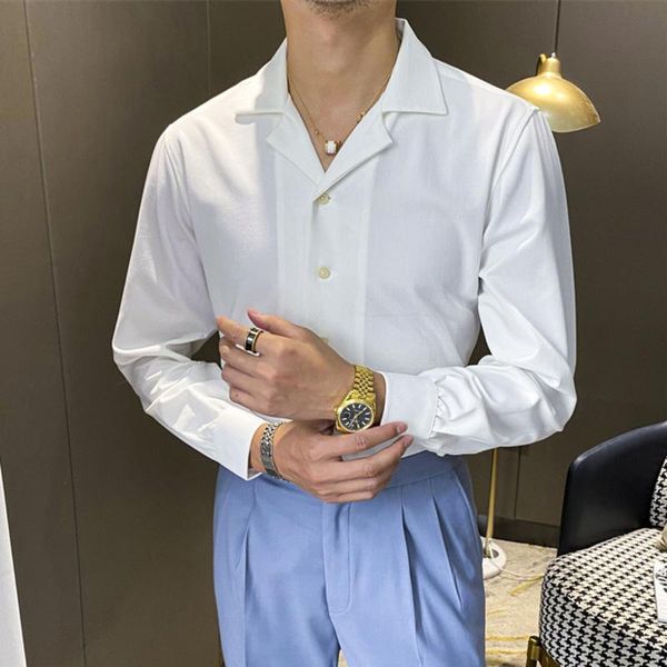 

men's casual shirts spring leisure british business shirt design men cuba collar slim solid white camisa social masculina, White;black