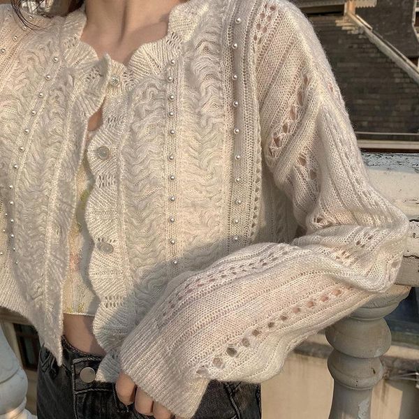 

women's knits & tees knitted cardigan first love little toffee pearl petal collar hollow beading outer wear sweater korean, White