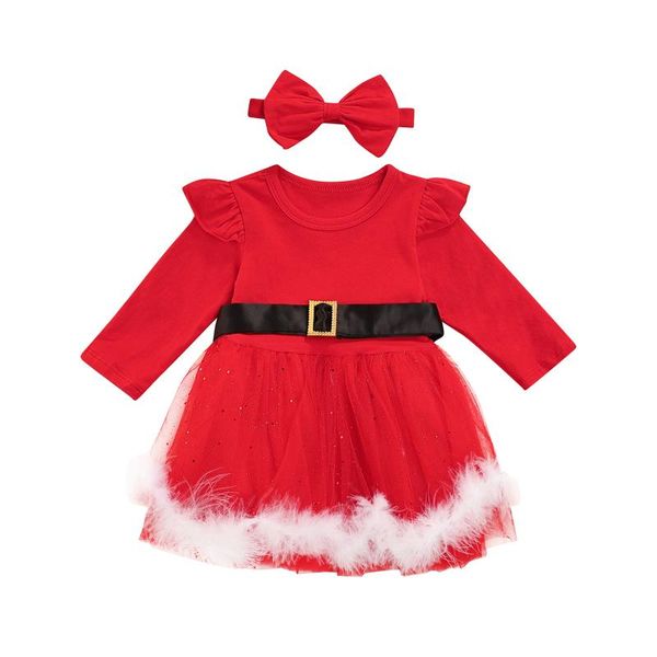 

girl's dresses pudcoco costumes christmas xmas girls clothes set long sleeve o-neck midi tulle dress with waistband+bow-knot headband, Red;yellow