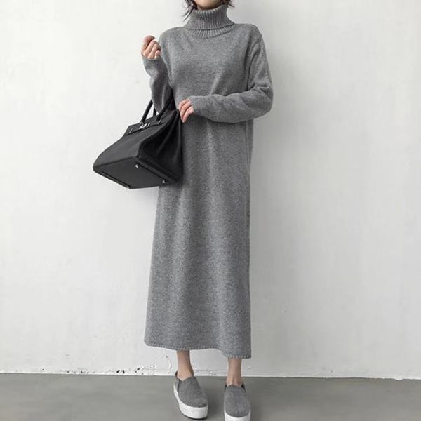 

warm turtleneck thick knitting winter black sweater dress women knitted female loose long dresses womens oversize vestidos 78e 210420, Black;gray