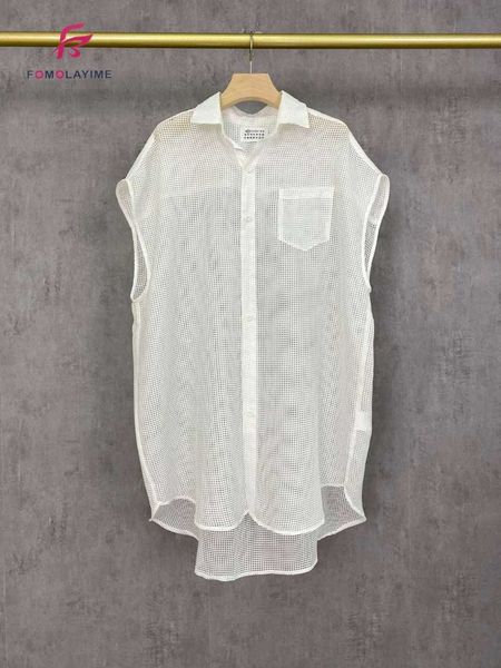 

women's blouses & shirts summer 2021 hollow out mesh lapel sleeveless loose mid-length white shirt