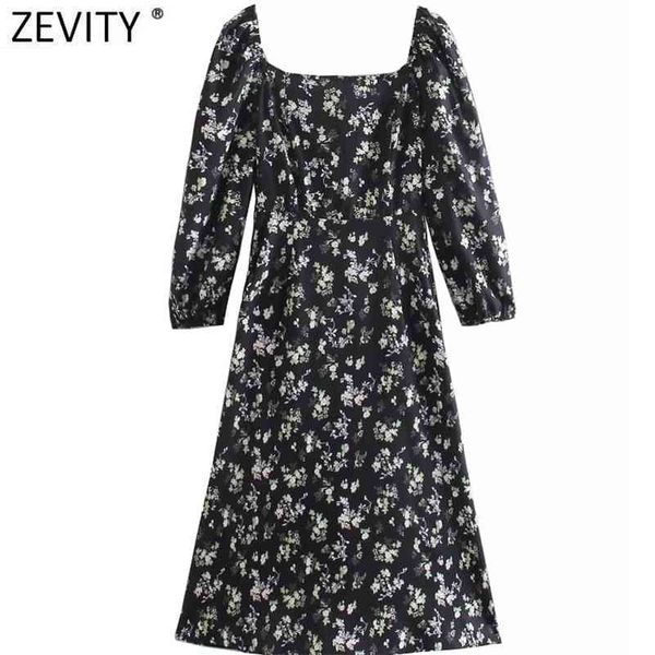 

women elegant square collar floral print split midi dress female chic puff sleeve back elastic zipper vestido ds5063 210416, Black;gray