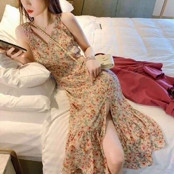 

women's tracksuits tracksuitskorean chiffon v-neck dress temperament side split flower suspender fairy skirt lwhg, Gray