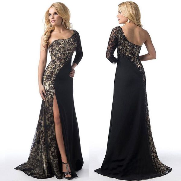 

casual dresses patchwork formal long ball dress women diagonal neck sleeve elegant print maxi side slit robe femme #g4, Black;gray