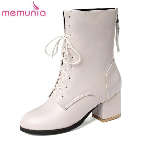 

boots memunia 2021 big size 45 ankle women round toe lace up zip square heel autumn winter short classic dress shoes woman1, Black