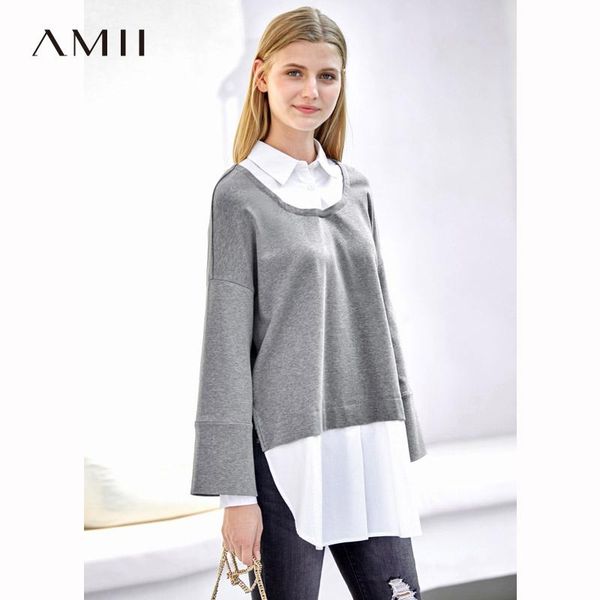 

women's hoodies & sweatshirts amii minimalist fake two pieces set winter women elegant patchwork shirt knitted female split pullover 11, Black