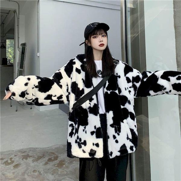 

women's down & parkas plush jacket women winter cool cow stand collar plus cotton handsome retro fried street dark department coat girl, Black