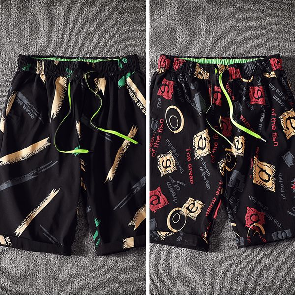 

a 268 summer five minutes of pants men loose handsome popular logo trend seven 6 beach pants male flower shorts trousers slacks, Blue