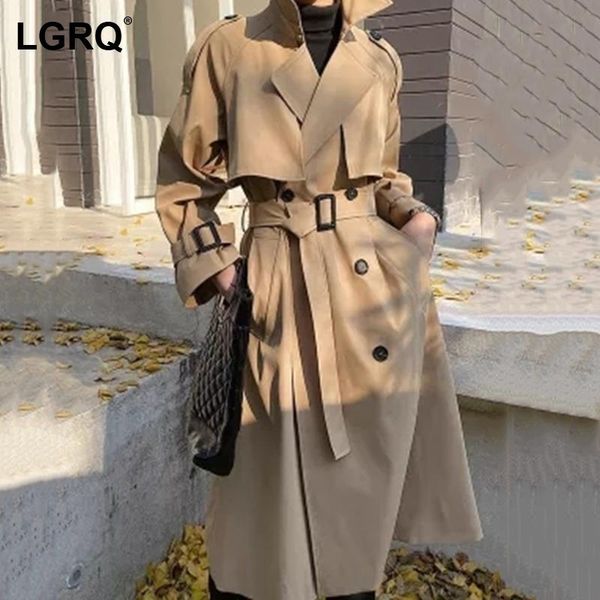 

women's trench coats [lgrq] elegant turn-down collar ladies full sleeve double breasted belted female windbreaker 2021 winter 19d5187, Tan;black