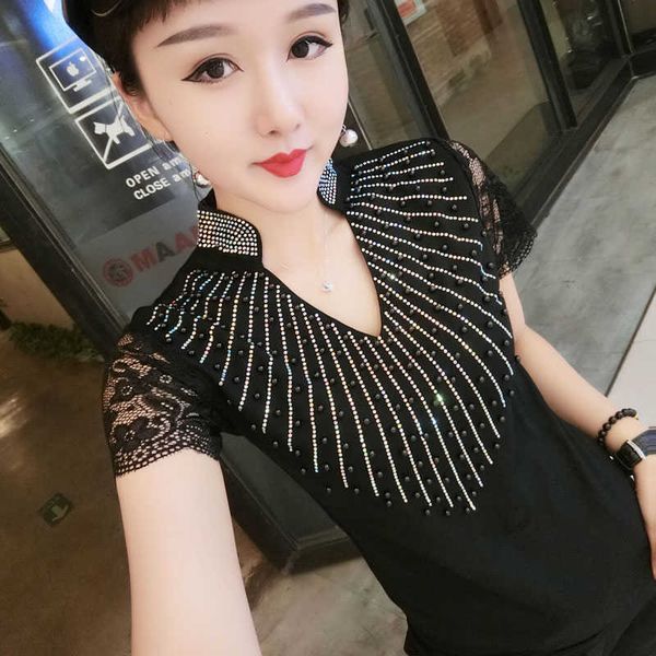 

fashion summer short sleeve knit deco shirt embroidery lace satin blouses lady bead work leopard 210601, White