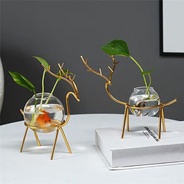 

vases terrarium hydroponic plant flower pot transparent vase iron deer frame glass fish tank tableplants home bonsai decor