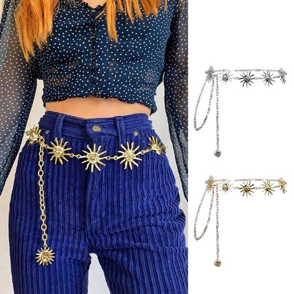 

belts gothic punk women girls skinny belt vintage harajuku bohemian metal sun pendant charm high waist chain beach party body f42f, Black;brown